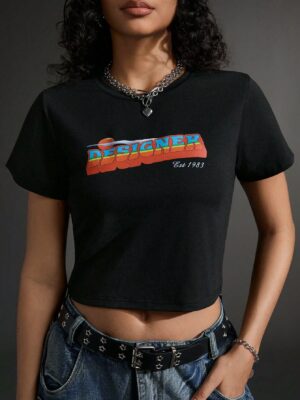 Summer Casual Letter Printed Cropped Sports T-Shirt