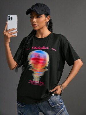 Round-Neck Loose-Fit Printed Summer Casual Short Sleeve T-Shirt
