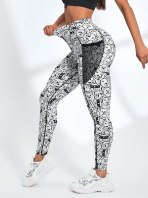 Women’s Cartoon Printed Leggings With Phone Pocket For Sports