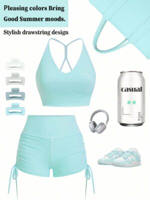Elegant & Casual Drawstring Sports Bra & Sexy Fashionable Yoga Pants 2pcs/Set